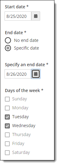 Unavailability rule with start and end date and specific days of the week.